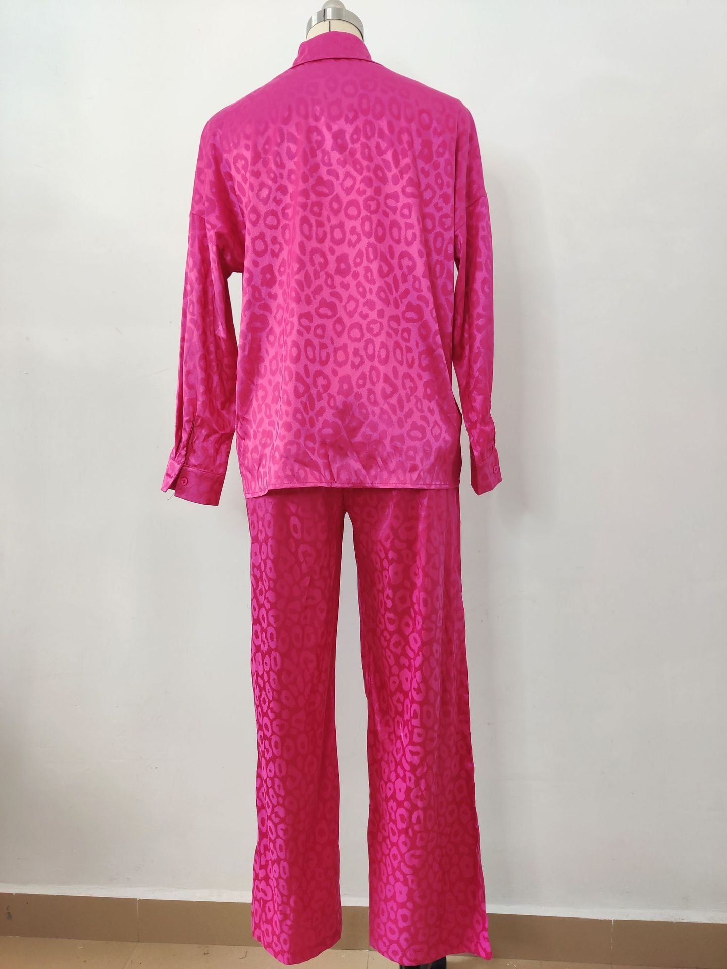 Women leopard print jacquard long-sleeved shirt and elastic waist loose trousers two-piece set 27