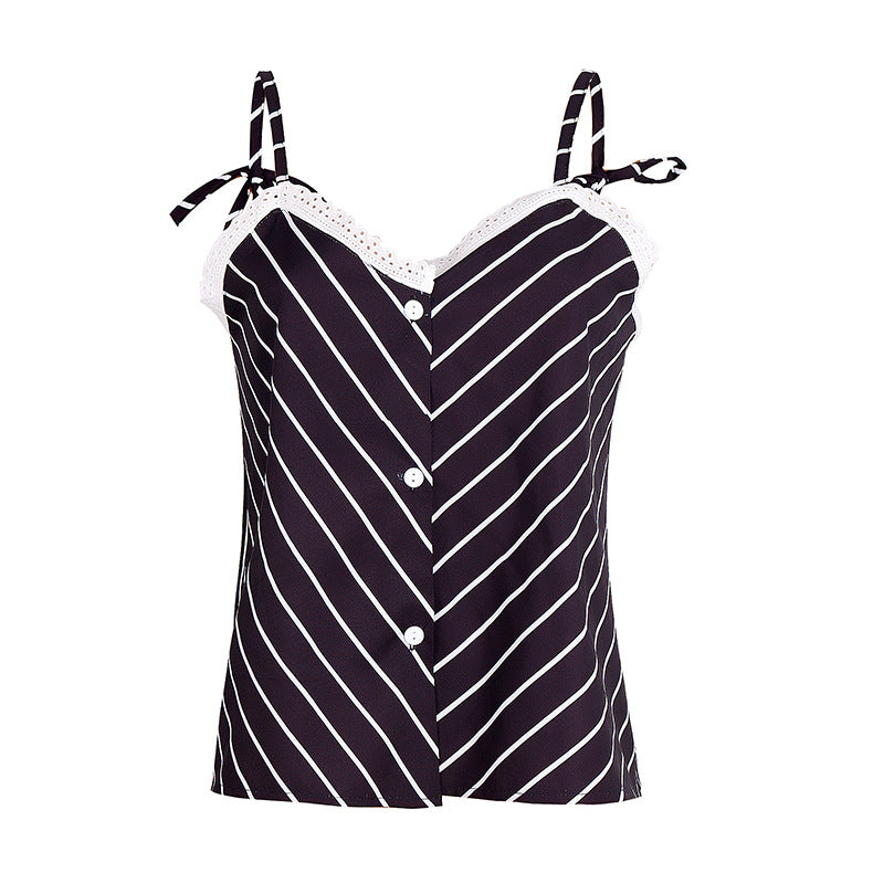 Summer Stripes Printed Strap Pajamas Two-Piece Home Clothes Set 16