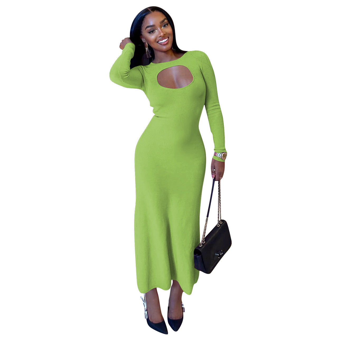 Women's Clothing Sexy Fashion Keyhole Solid Long Sleeve Dress Women's Clothing 8