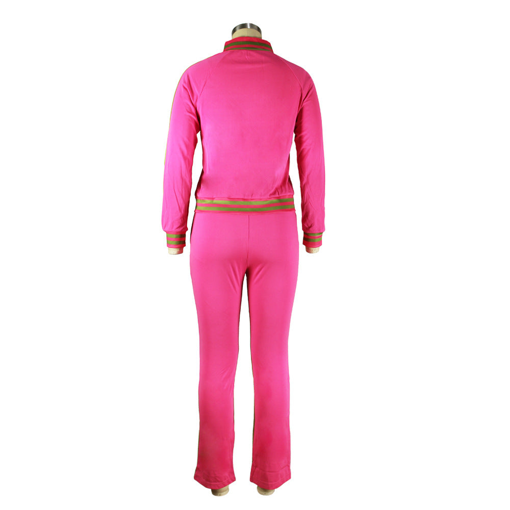 Zipper Stand Collar Striped Long-Sleeved Jacket Casual Pants Two-Piece Set 11
