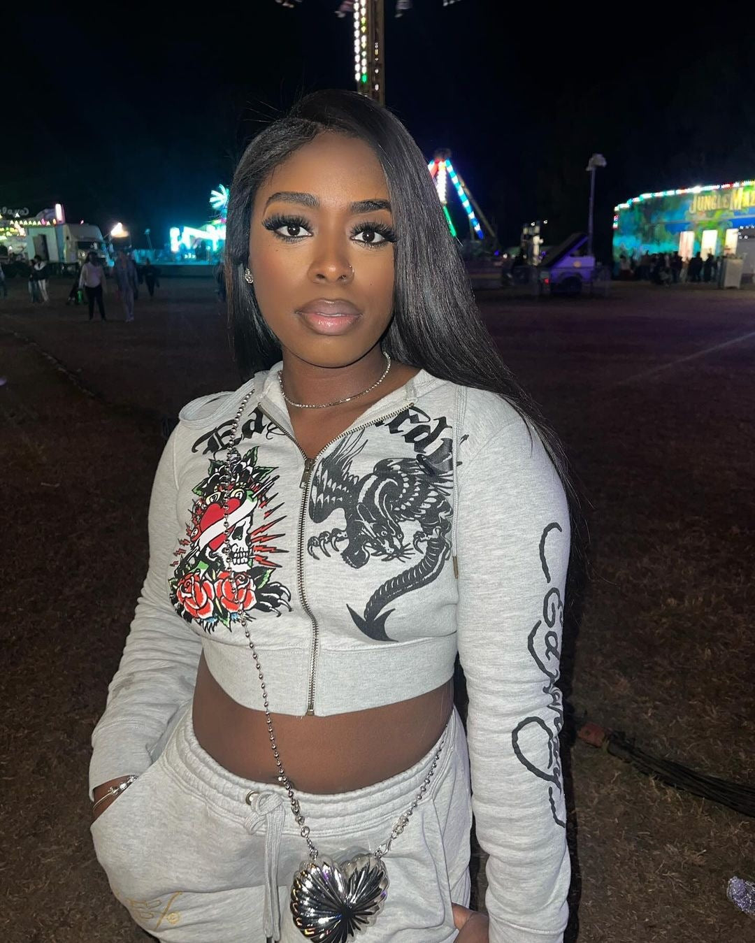 Women Zipper Printed Long Sleeve Top and Pant Two-piece Set 4