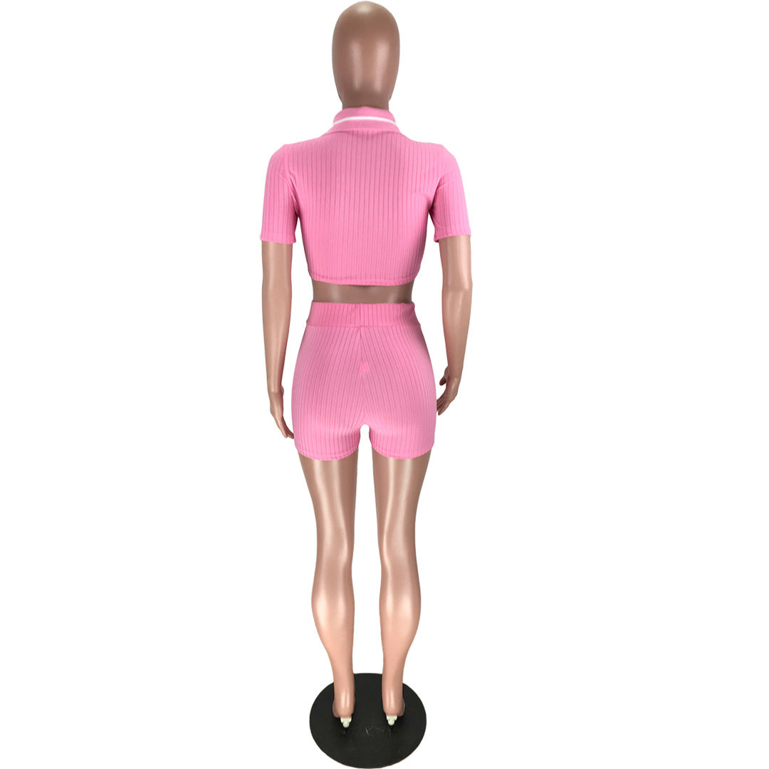 Women's Sports Casual Cropped Top Shorts Solid Color Two-piece Set 10