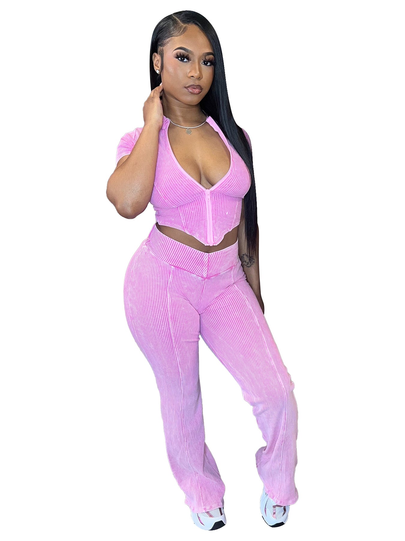 Women's Clothing Ribbed  V-Hem Short Sleeve Top Bell Bottom Pants Two Piece Set 3