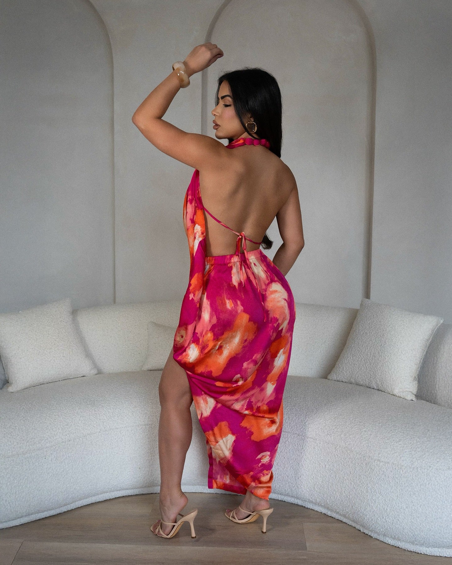 Deep V-Neck Sexy Printed Halter Slit Dress 9