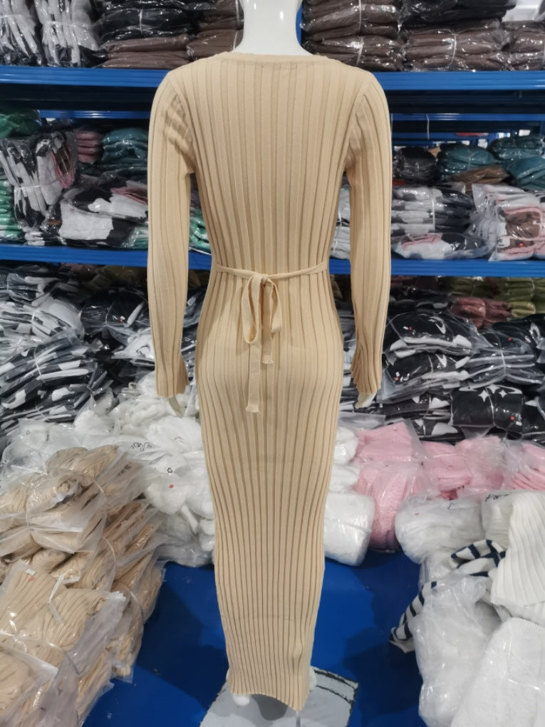 Autumn And Winter Casual Slim Waist V-Neck Wide Ribbed Slim Fit Knitting Long Dress For Women 19
