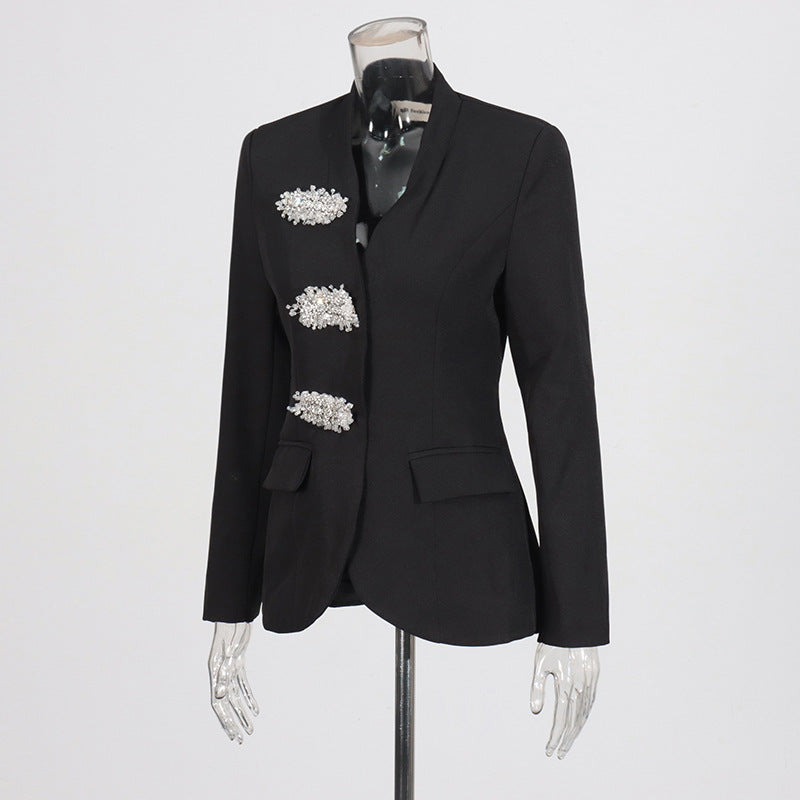 Women British style v-neck beaded Beaded Blazer 4