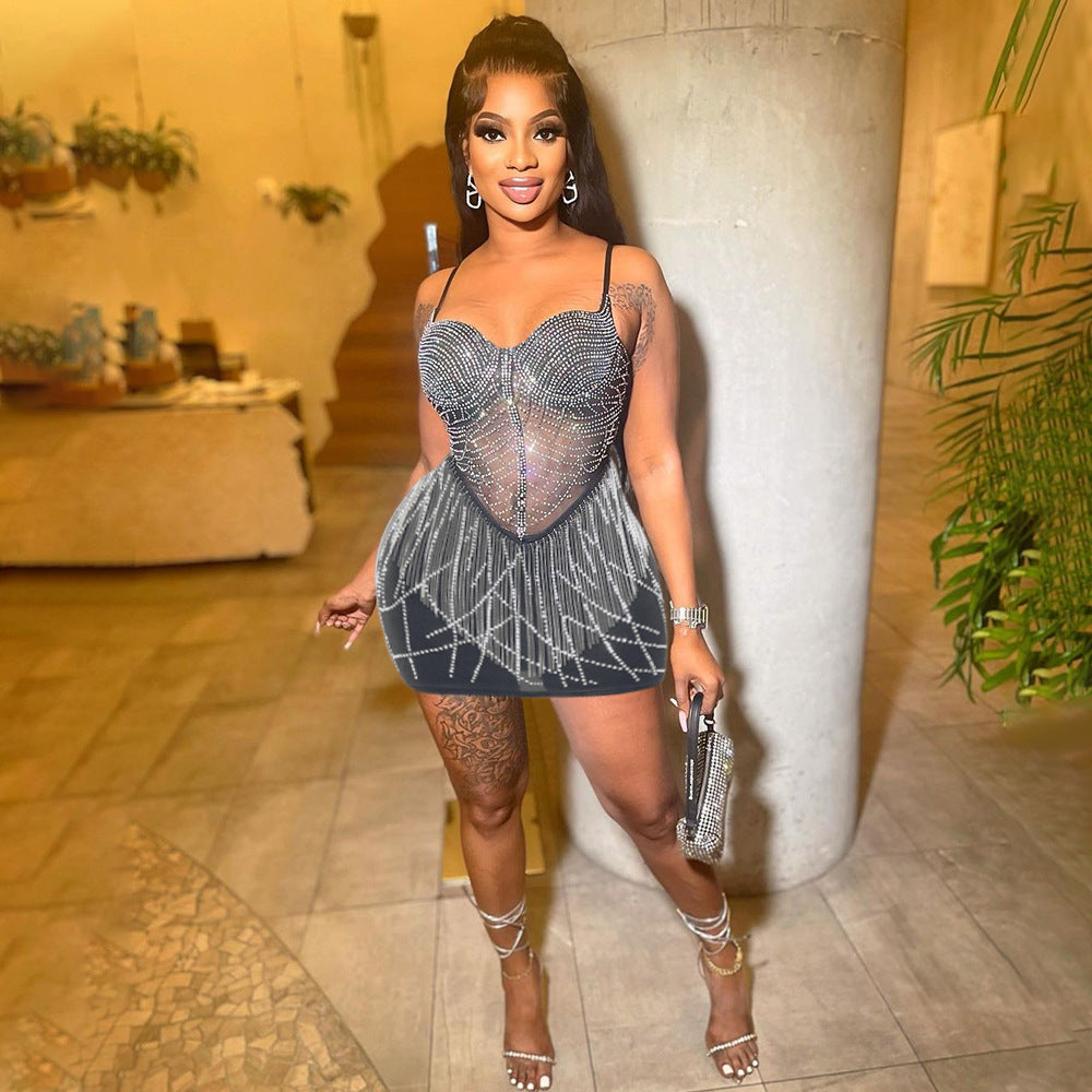 Fashionable Straps Beaded Tassel Bodycon A-Line Dress For Women 9