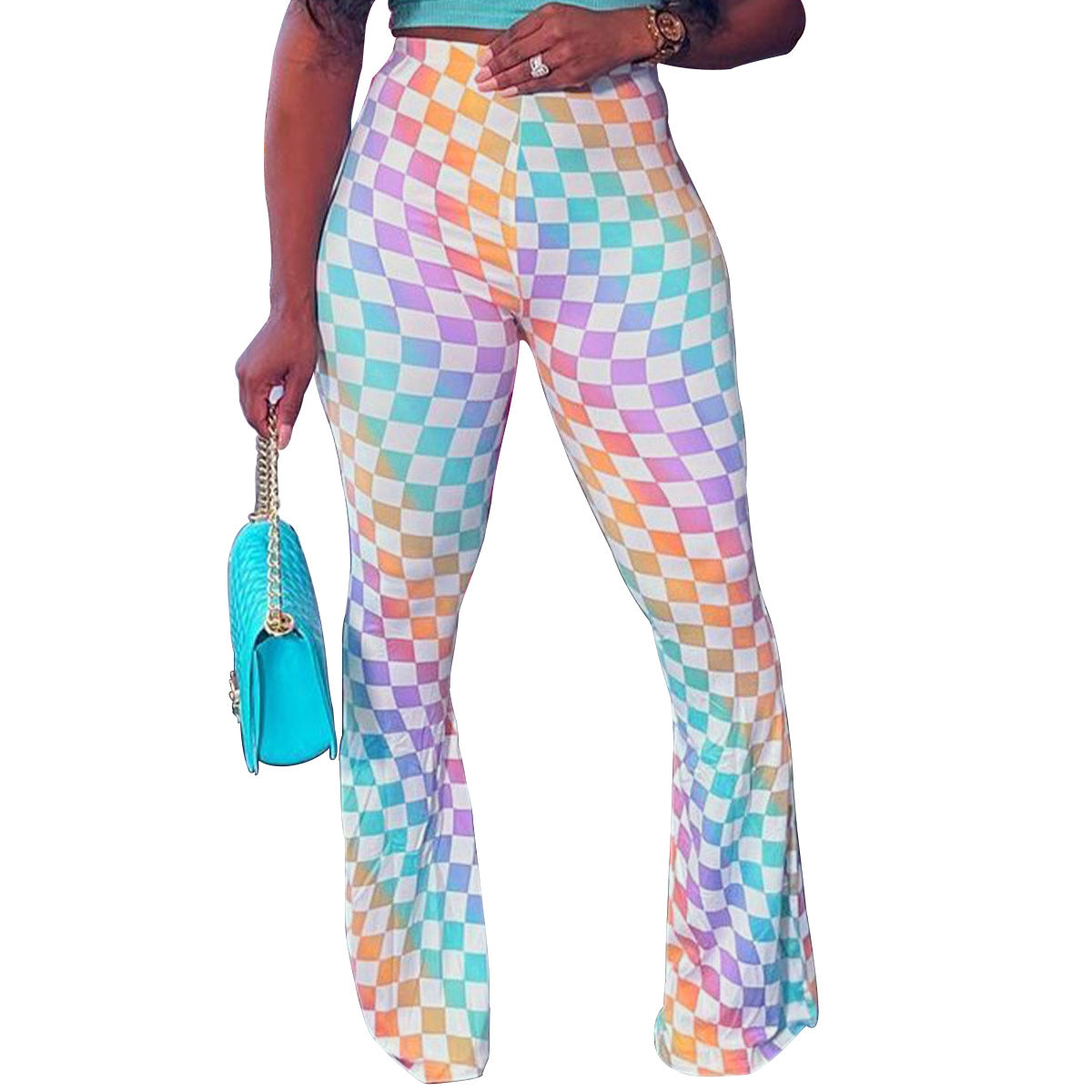 Plus Size Women Plaid Print Bell Bottom Pants 6