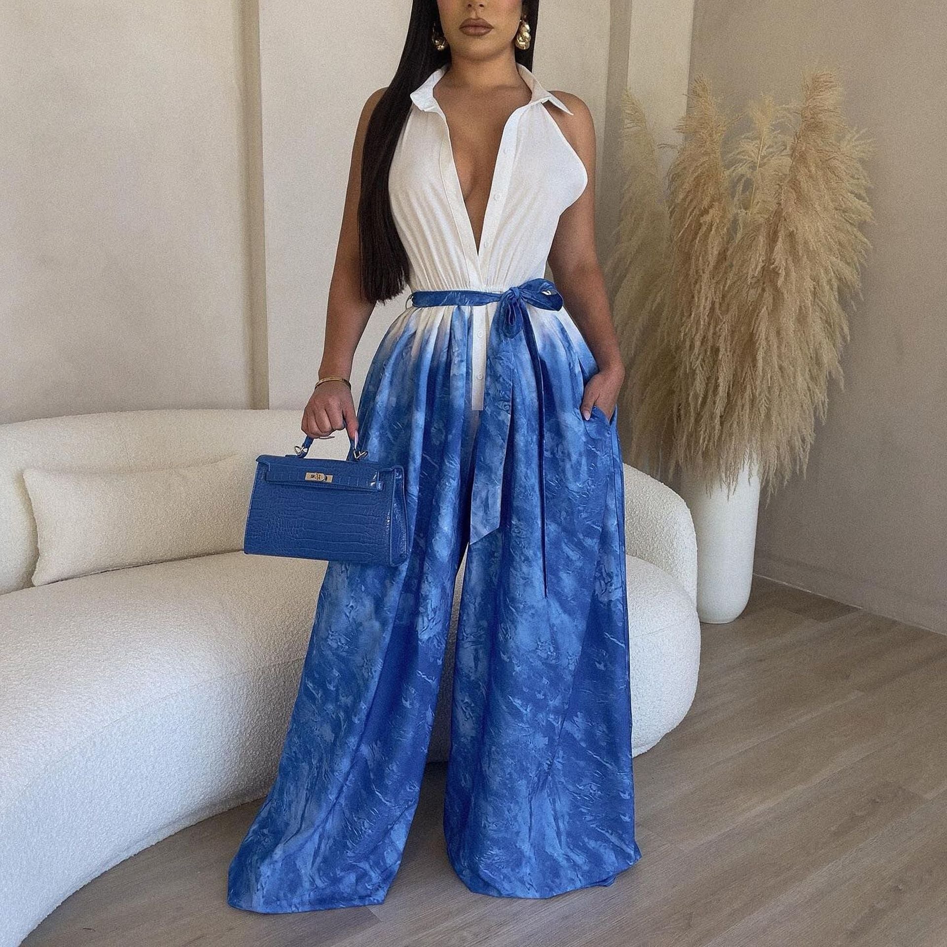 Women Sexy Print Shirt Collar Wide Leg Lace-Up Jumpsuit 6