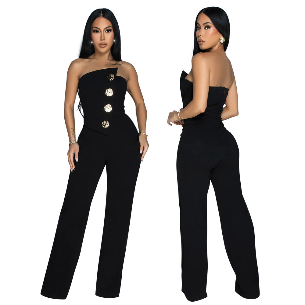Solid Color Strapless Irregular Loose Wide-Leg Jumpsuit