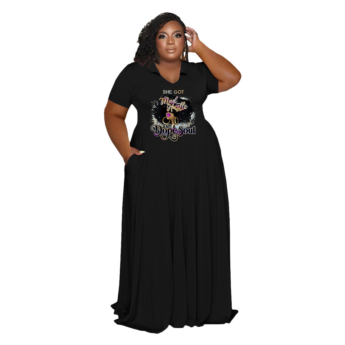 Plus Size Women Casual Turndown Collar Printed Short Sleeve Maxi Dress 9