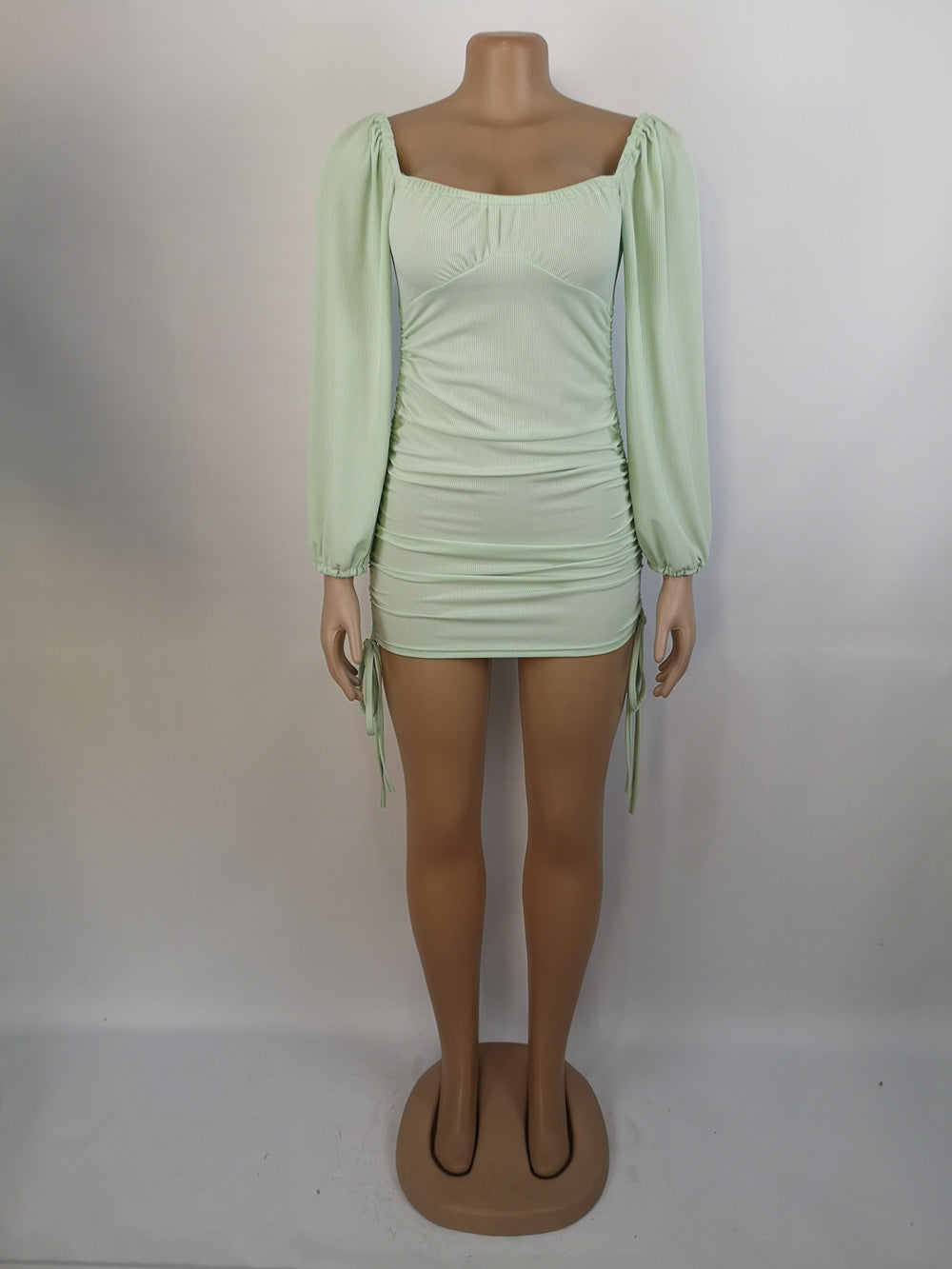 Women Sexy Drawstring Pleated Bodycon Long Sleeve Dress 37