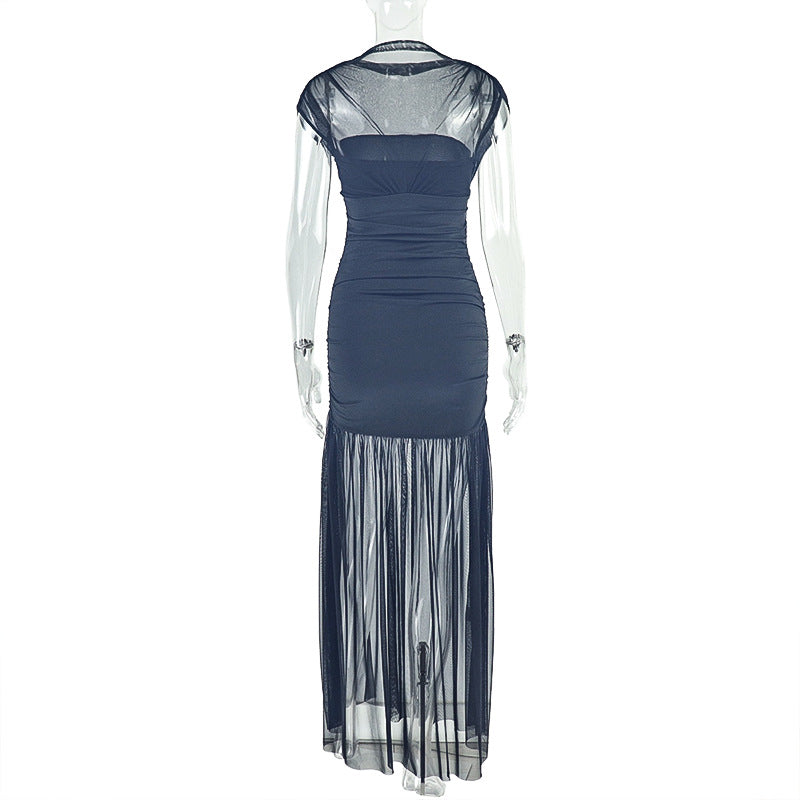 Women Solid Patchwork Sleeveless Turtleneck Pleated Bodycon Dress 8