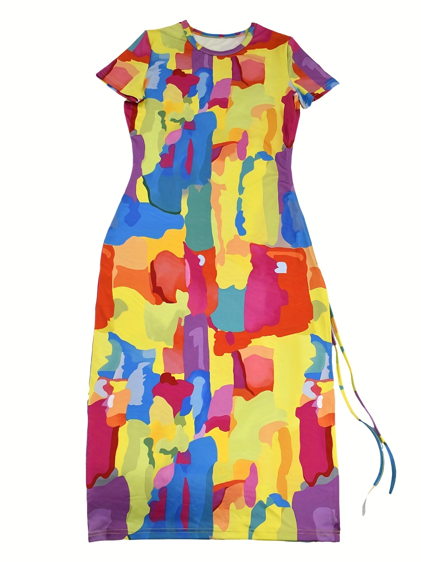 Sexy Multicolor Print Short Sleeve Drawstring Irregular Casual Dress 4