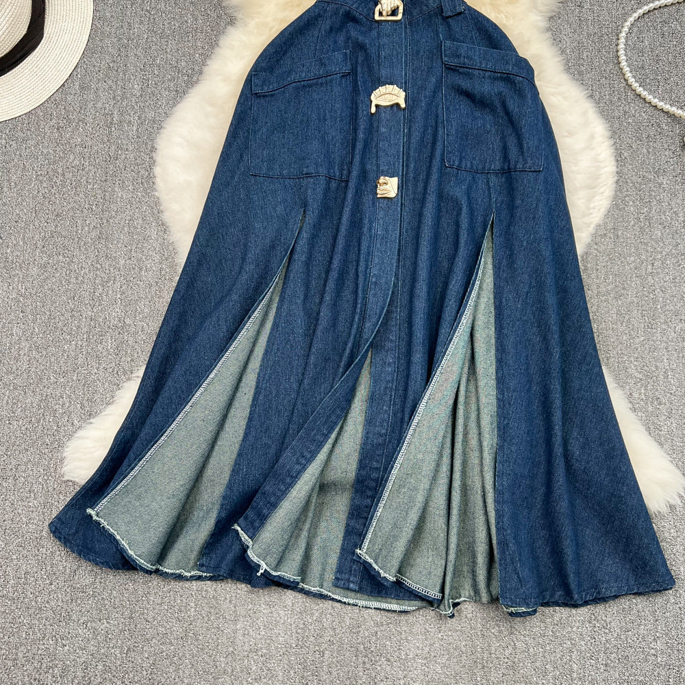 Women Vintage Turndown Collar Cut Out Sleeveless Denim Dress 9