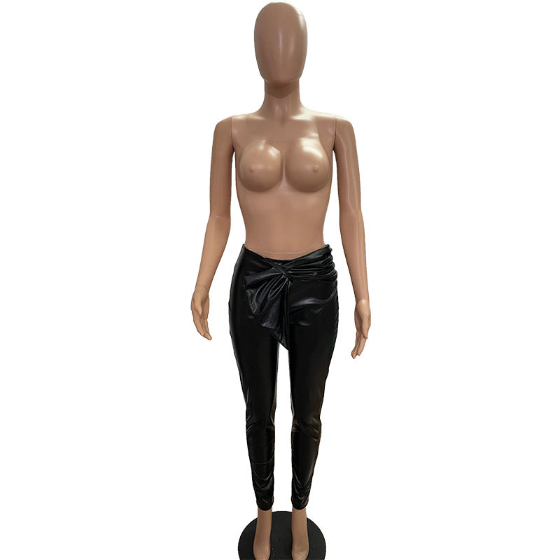 Women Stretch Belted Casual Pu Leather Pants 15