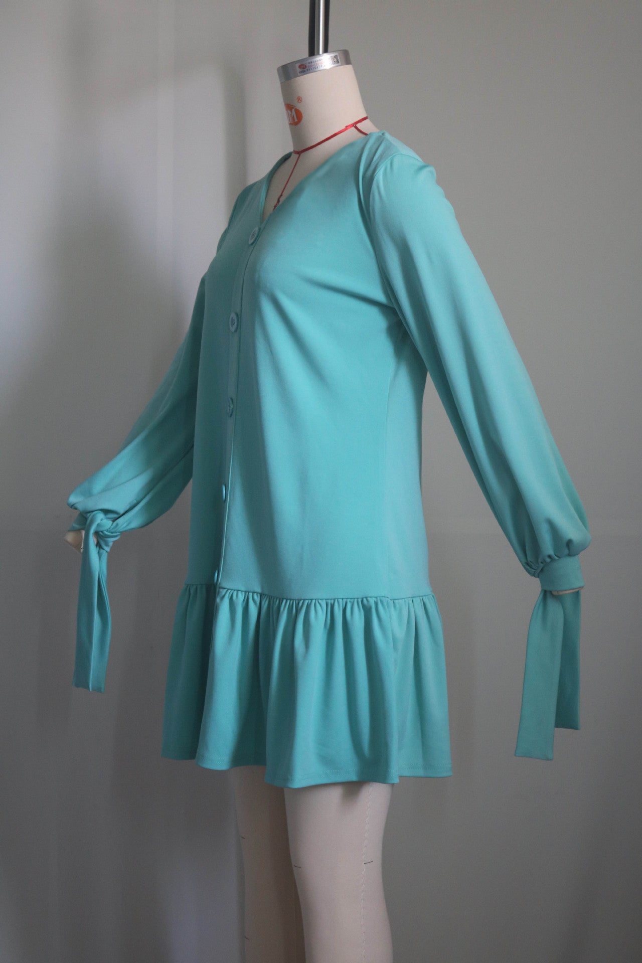 Women's Fashion Casual V-Neck Long Sleeve Ruffled Pleated Dress 12