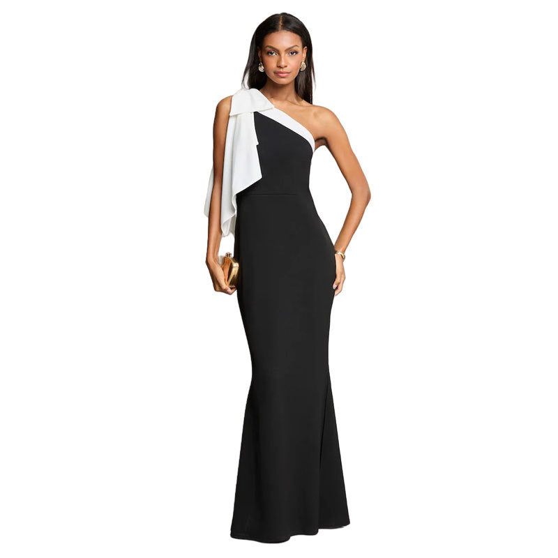 Sexy Contrast Color Slash Shoulder Fashion Evening Dress 5