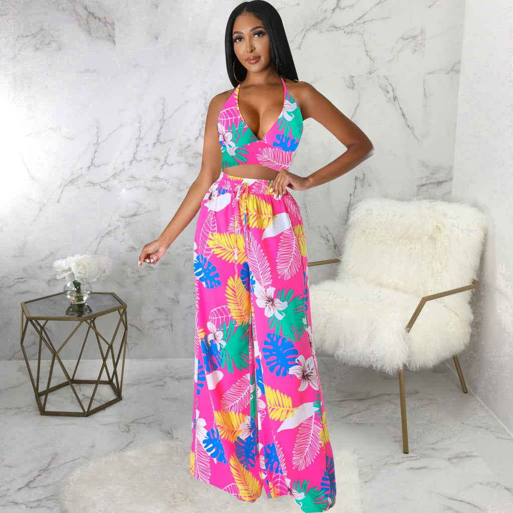 Women Sexy Printed Suspender Lace-Up Top and Pant Two-piece Set 5