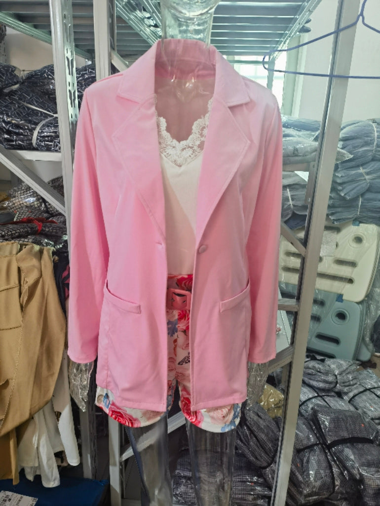 Women Casual Solid Blazer with Print Shorts Two-Piece Set with Belt 7