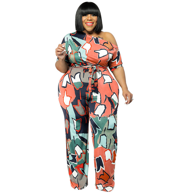 Plus Size Women summer Slash Shoulder print Jumpsuit with belt 10