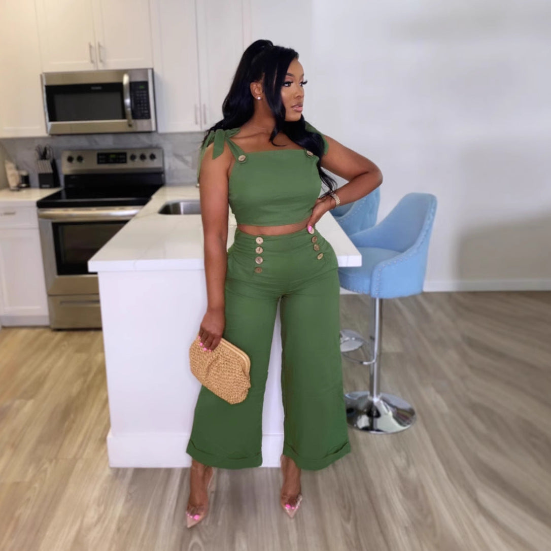 Elegant Career Strap Wide-Leg Two-Piece Pants Set 5