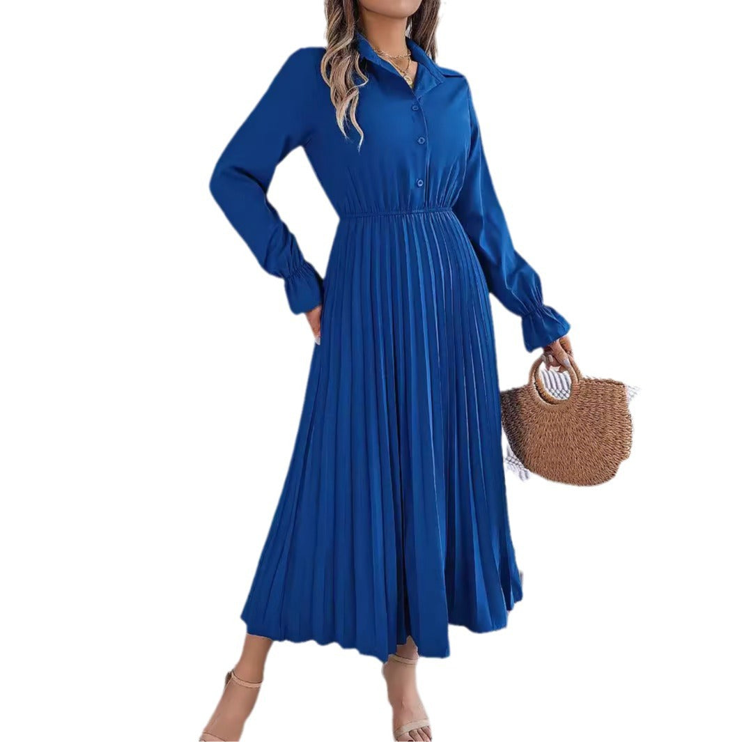 Autumn Winter Casual Turndown Collar Button Long Sleeve Slim Waist Pleated Women's Long Dress 9
