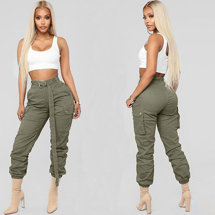 Women Solid Casual Cargo Pants with Belt 6