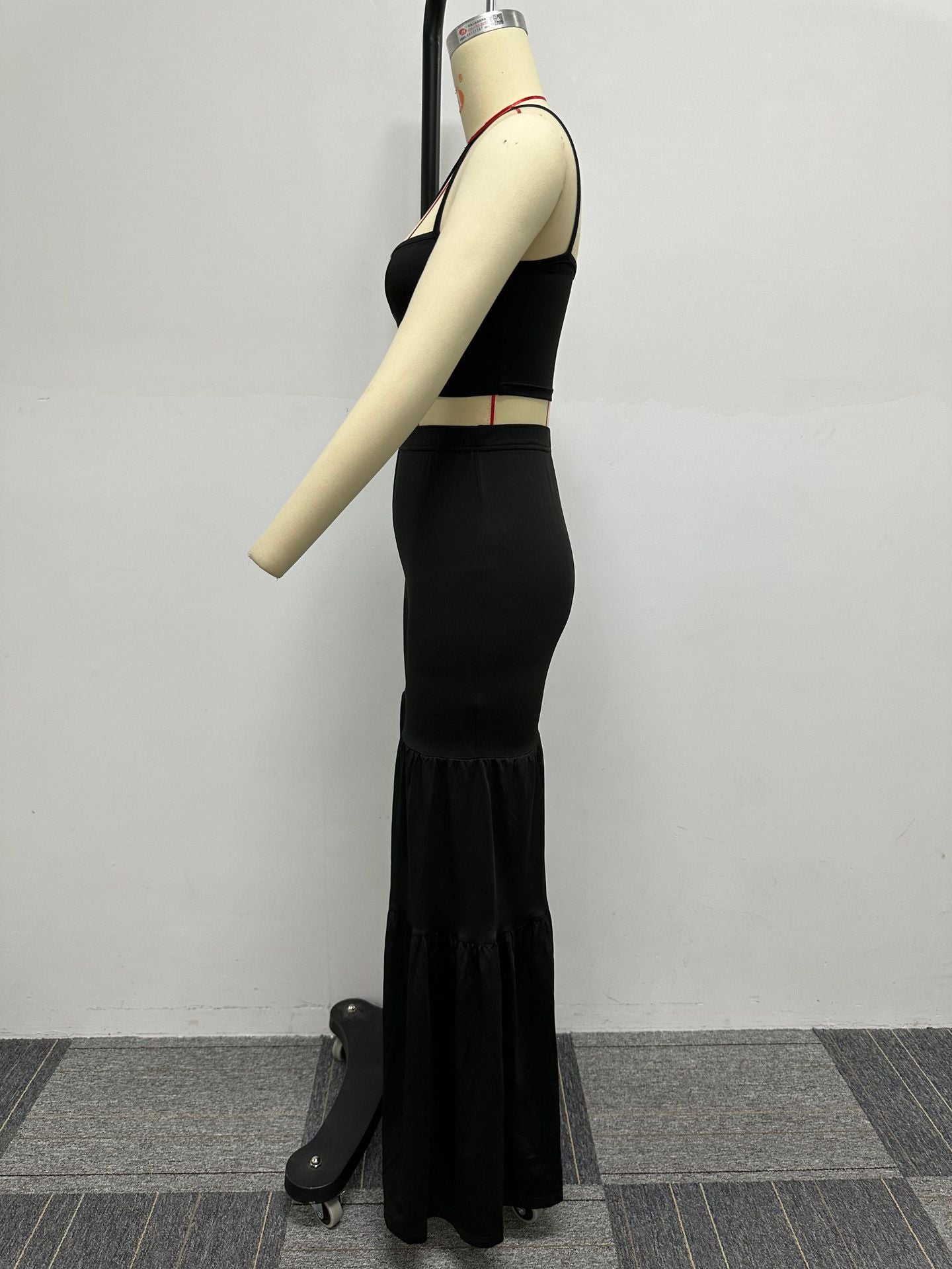 Sexy Slim Fit Solid Color Straps Tank Top Stretch Bell Bottom Pants Two-Piece Set 10