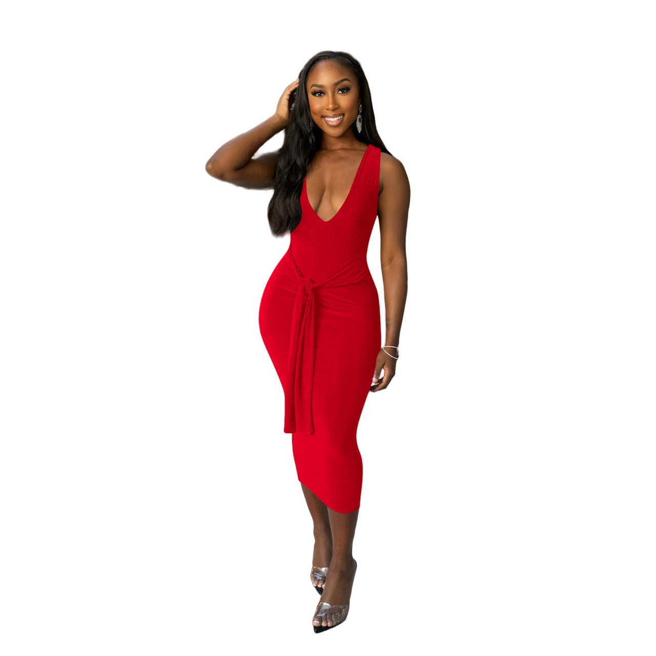 Women's Sexy Fashion V-Neck Solid Color Long Dress 6