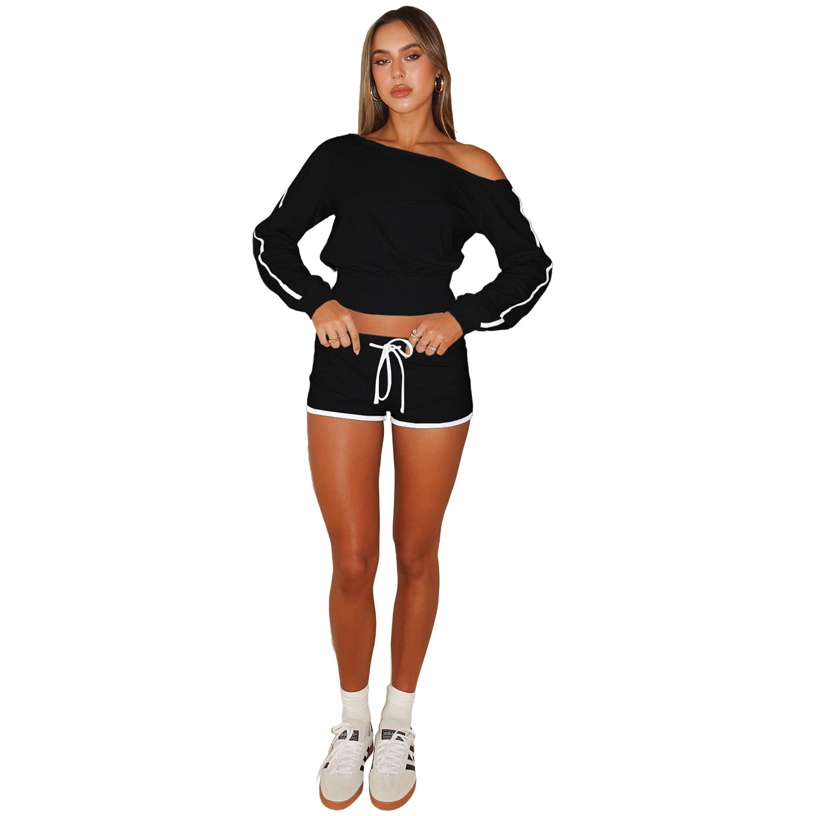 Women's Casual Slash Shoulder Long Sleeve Top Drawstring Shorts Two-Piece Set 50