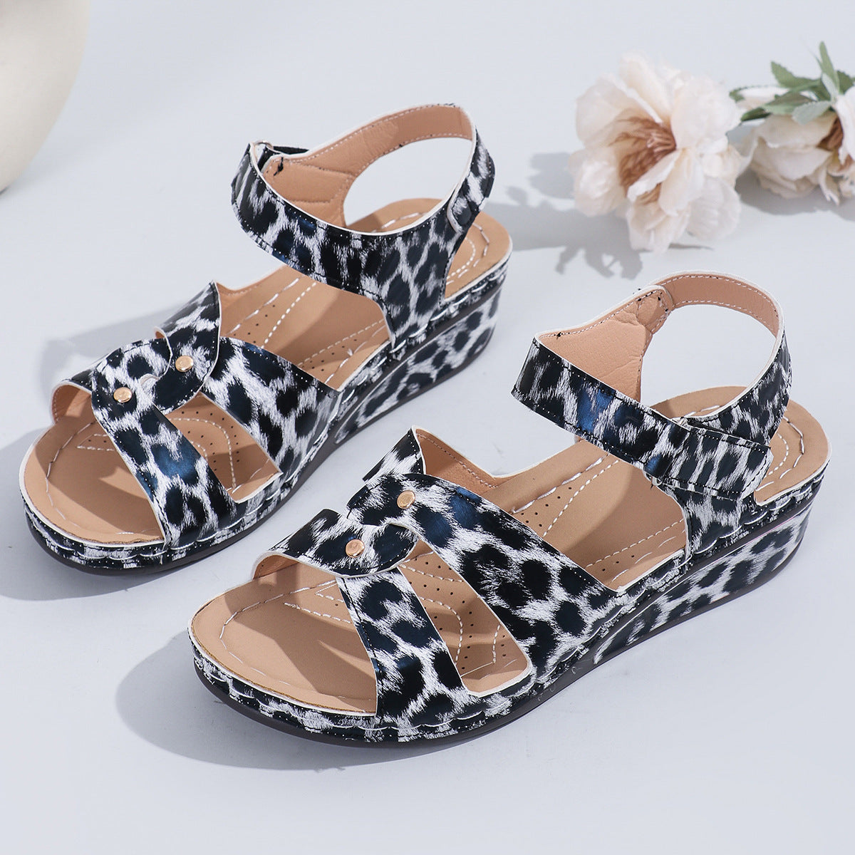 Summer Casual Round Toe Leopard Print High Heel Women's Wedge Slippers Plus Size Women's Shoes 5
