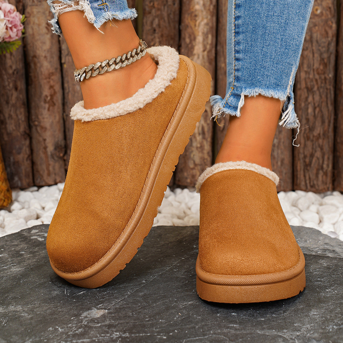 Women's Winter Plush Warm Fleece Soft Sole Round Toe Flat Bottom Slippers 7