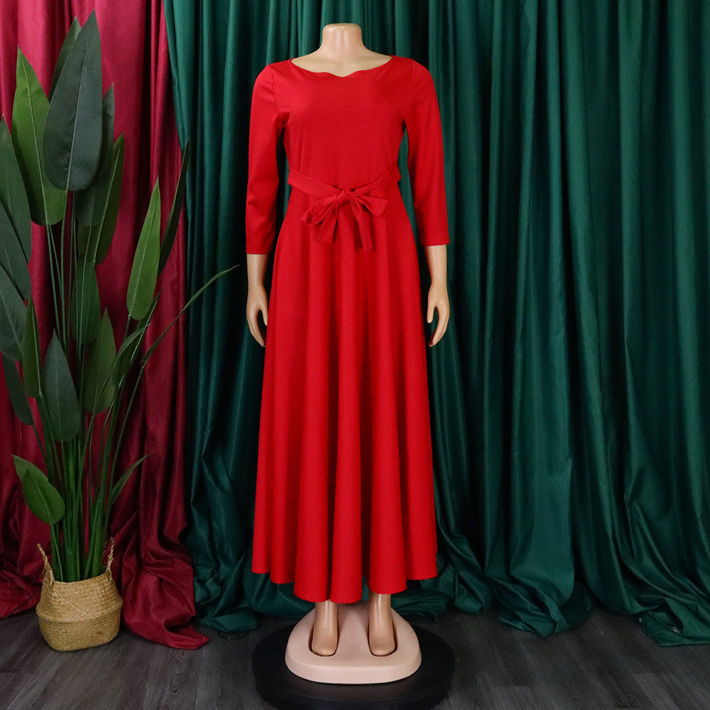 Women's Fall Winter Fashion Chic Solid long sleeve Belted African Plus Size Maxi Dress 26