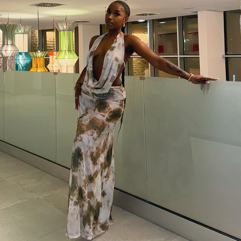 Women Casual Printed Pleated Backless Sleeveless Lace-up V Neck Top and Long SkirtTwo Piece Set