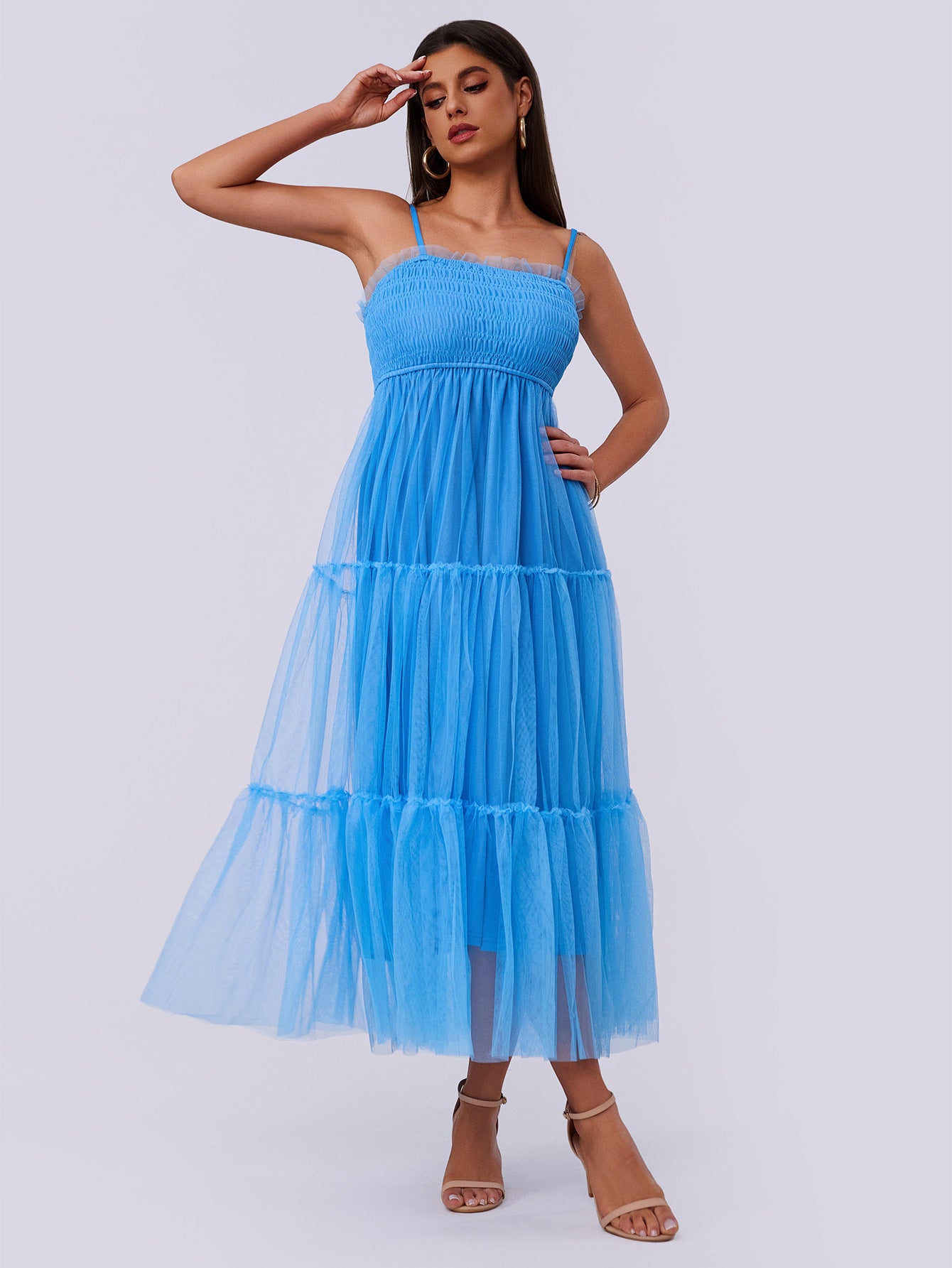 WomenŸ??s Strappy Pleated Mesh Patchwork Puffy Short Sleeve Dress 5