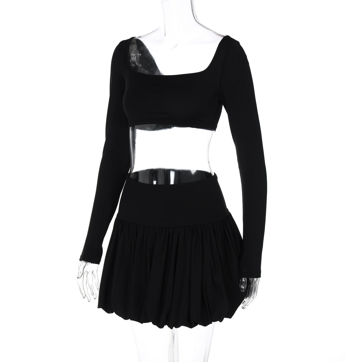 Women Long Sleeve Top and Pleated Skirt Winter Solid Sexy Two-piece Set 9