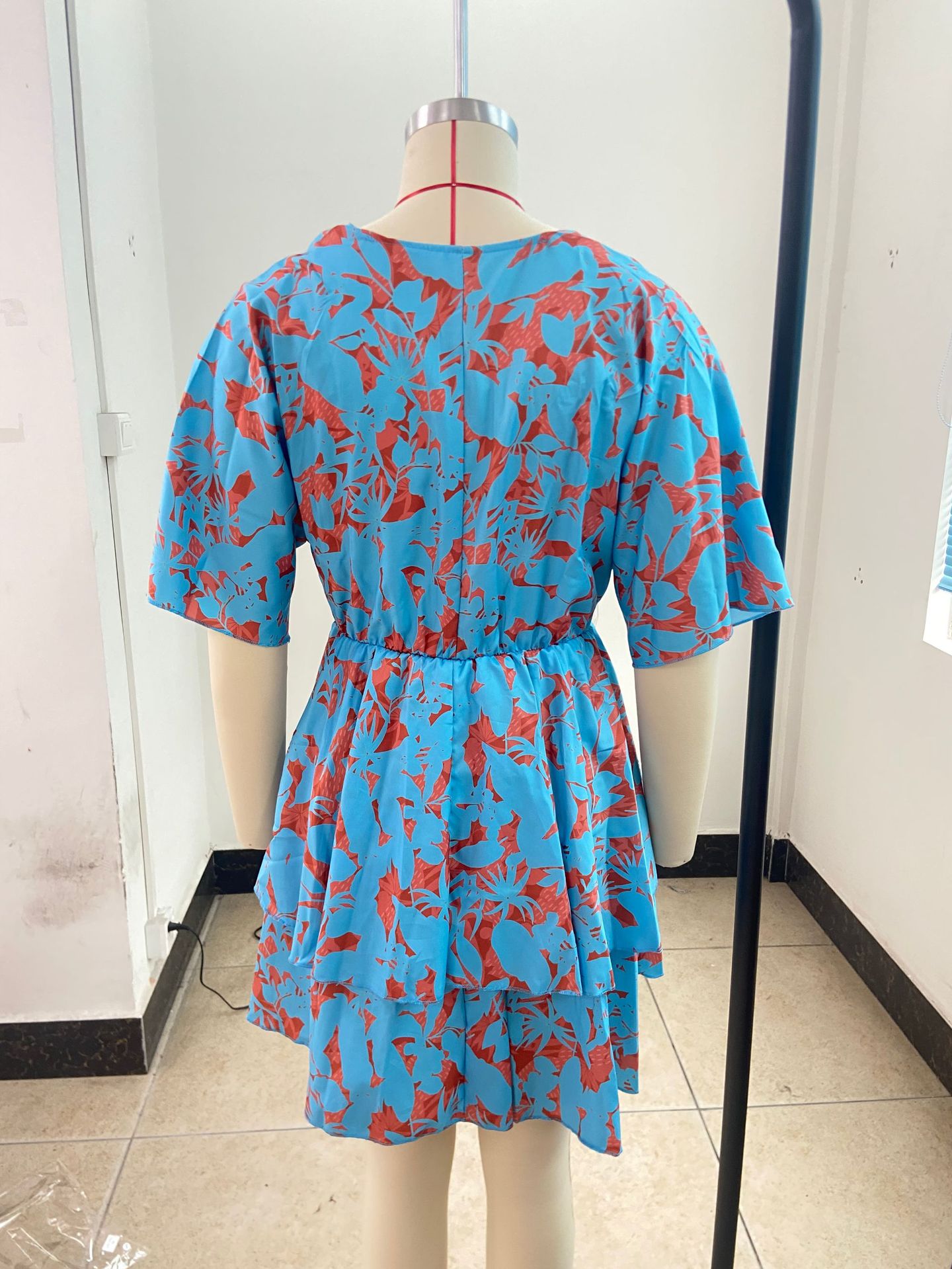 Autumn V-Neck Loose Bat Sleeves Print Dress Women's Clothing 20