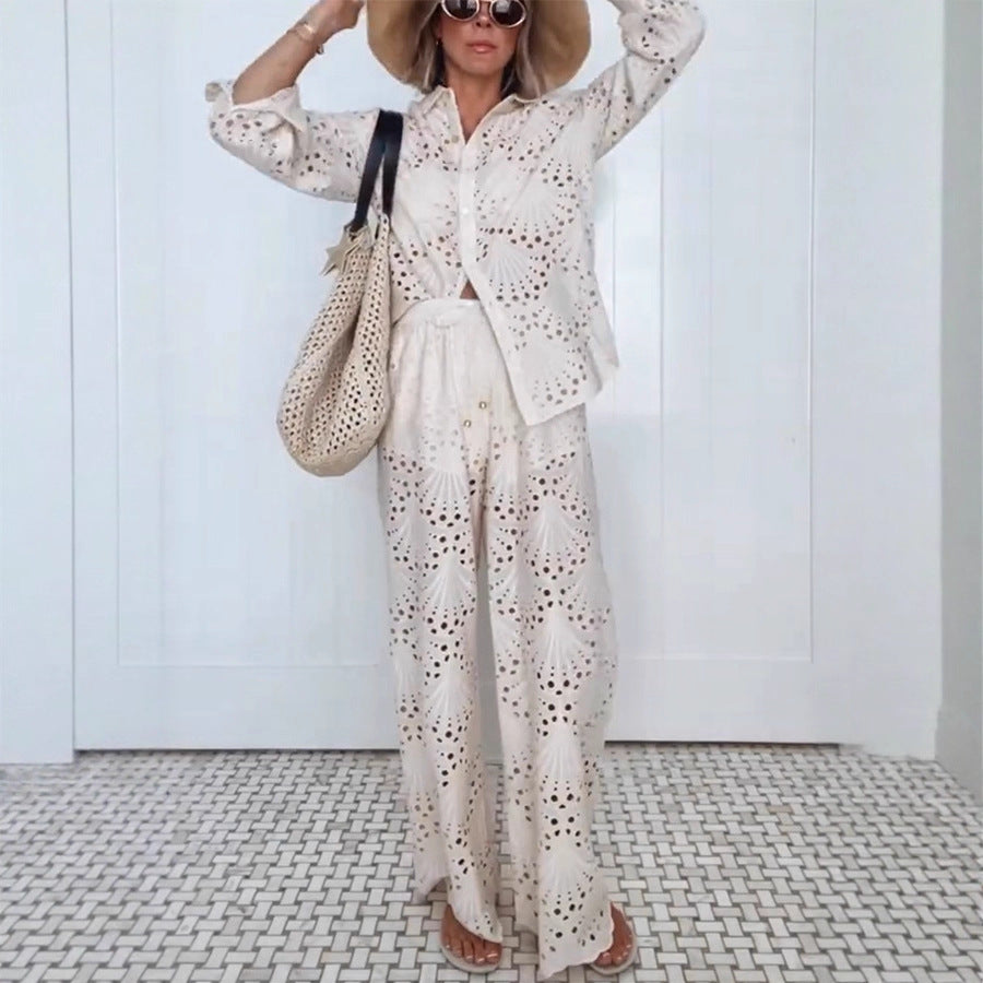 Women Fall and Winter Long-sleeved Single-breasted Shirt and Pants Two-piece Set 5