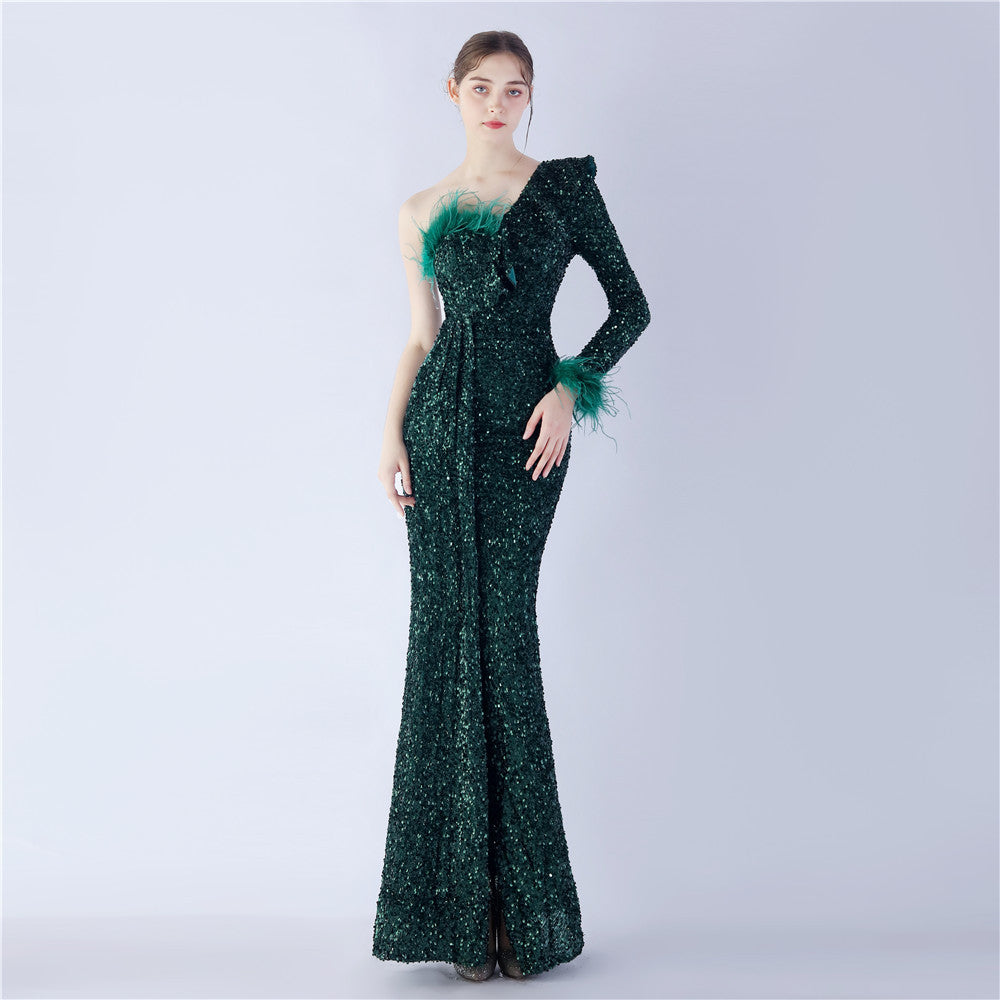 Sexy Slash Shoulder Feather Ruffle Long Sleeve Side Slit Sequin Evening Dress 5