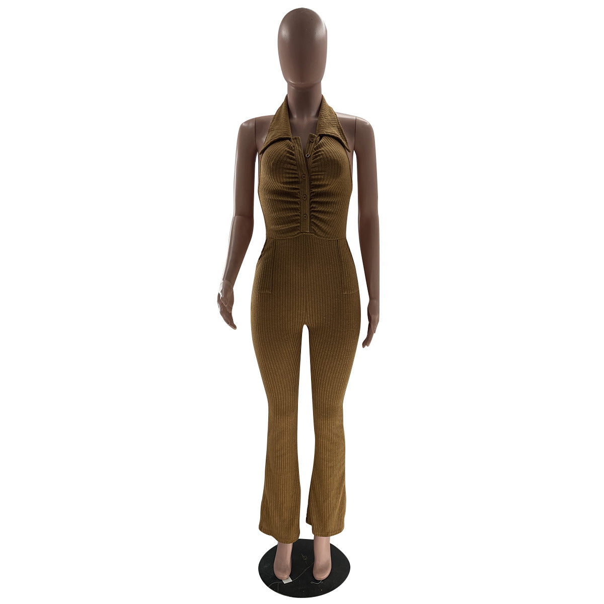 Women's Solid Color Sexy Low Back Halter Neck Turndown Collar Jumpsuit 11