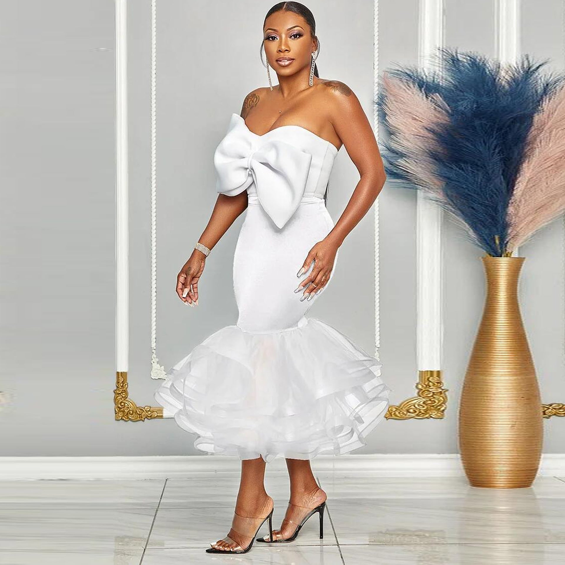 Sexy Slim Contrast Color Strapless Bow Mesh Top Mermaid Party Skirt two piece set