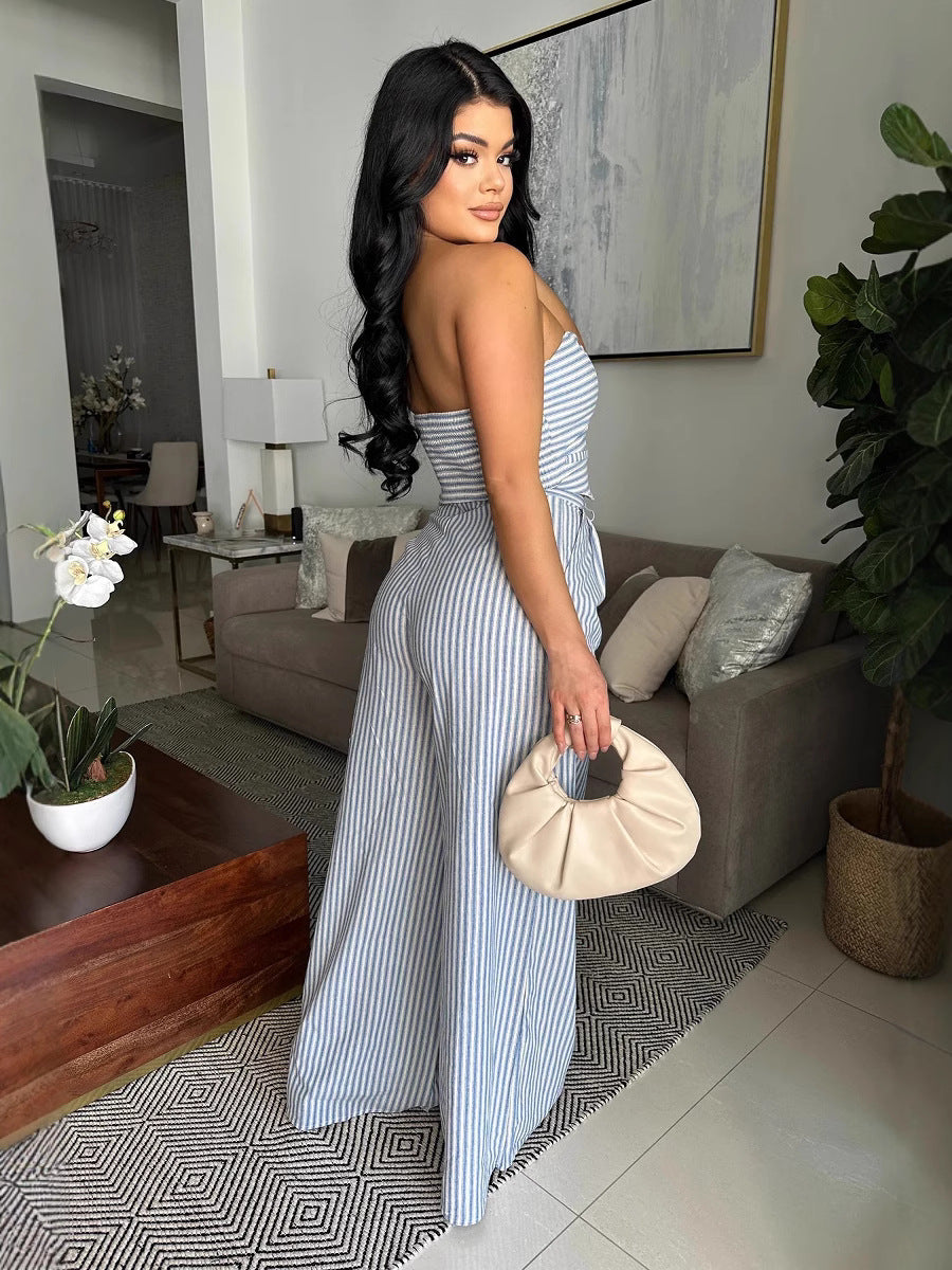 Women Backless Striped Sleeveless Strapless Top and Pants Two-piece Set 5