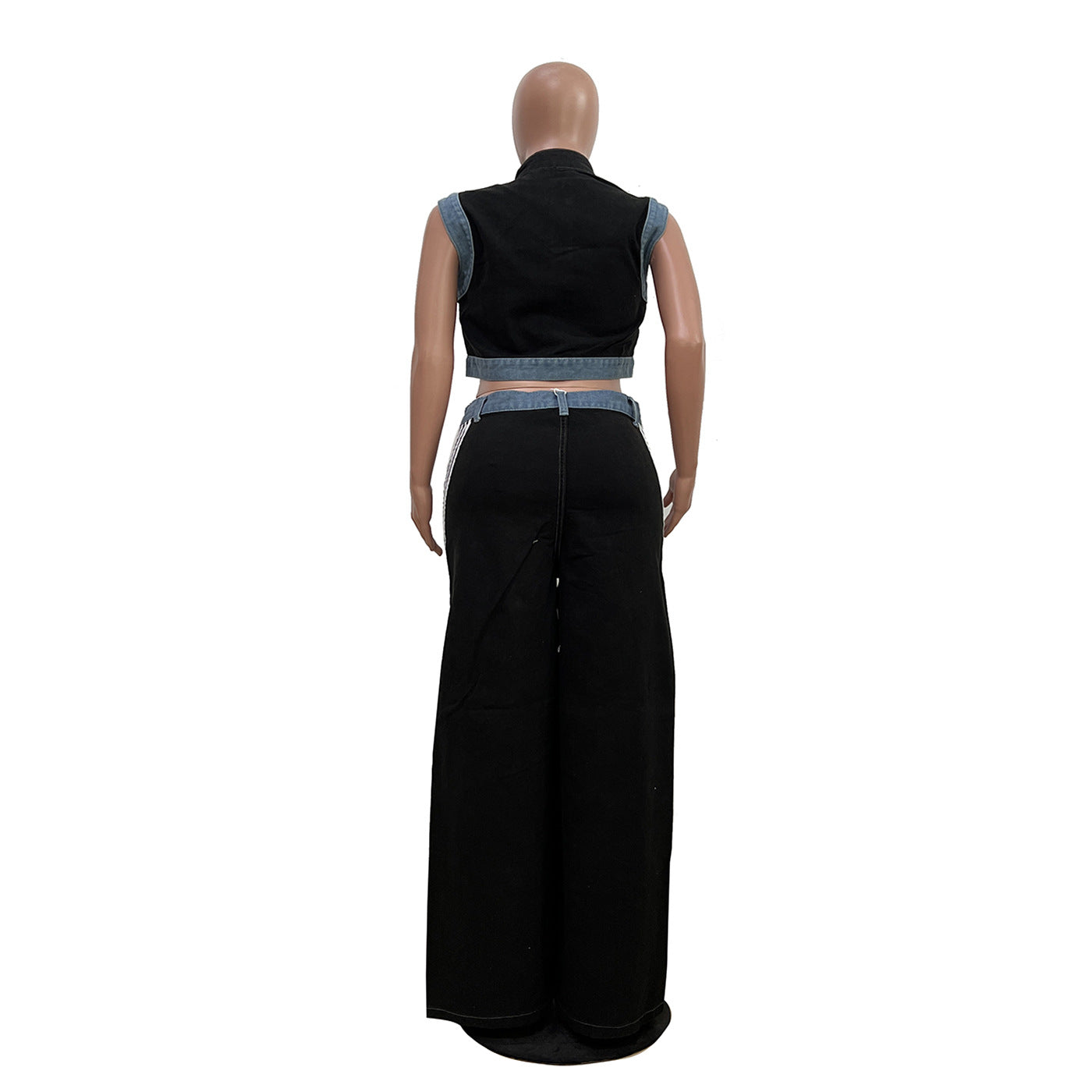 Women casual webbing patchwork top and denim wide-leg pants two-piece set 14