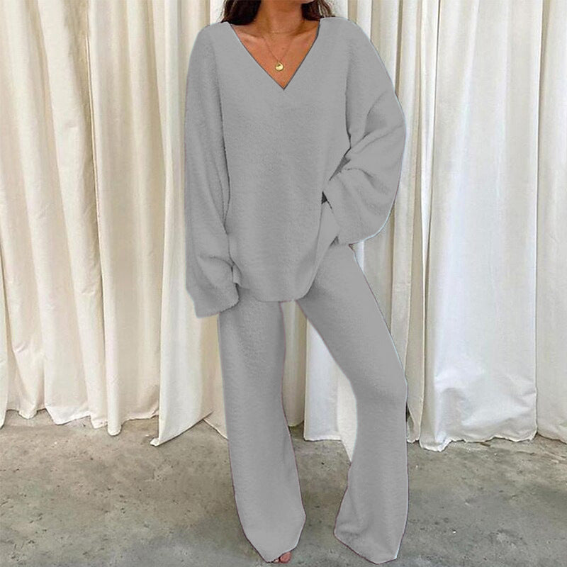 Winter Comfortable Solid Color V-Neck Casual Homewear Warm Two-Piece Pants Set 3