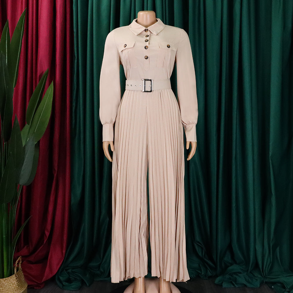 Women's Fall Winter Long Sleeve Casual Loose Pleated Wide Leg Jumpsuit with Belt 20
