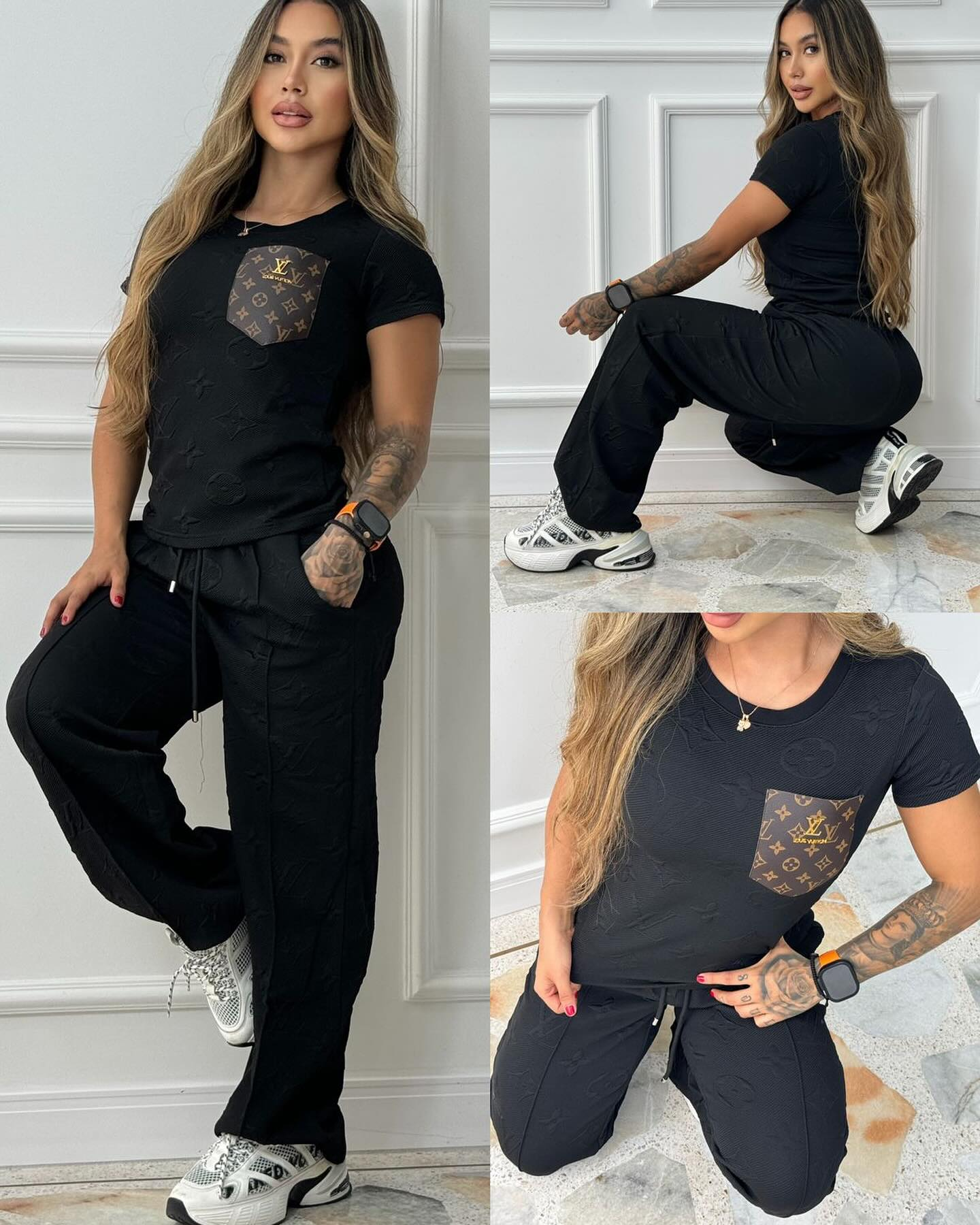 Women casual Pu-Leather pocket short-sleeved top and long pants jacquard two-piece set