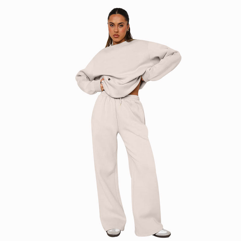 Women Solid long-sleeved Round Neck Top and wide-leg pants Two Piece Set 12