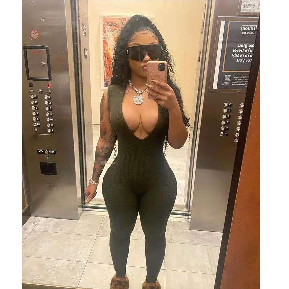 Solid Color Sexy Deep V-Neck Low-Cut Tight Fitting Women's Jumpsuit