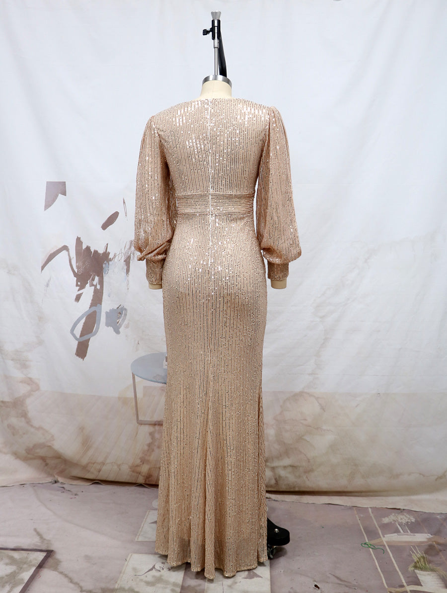 Women Sequin Cut Out Long Sleeve Maxi Evening Dress 10